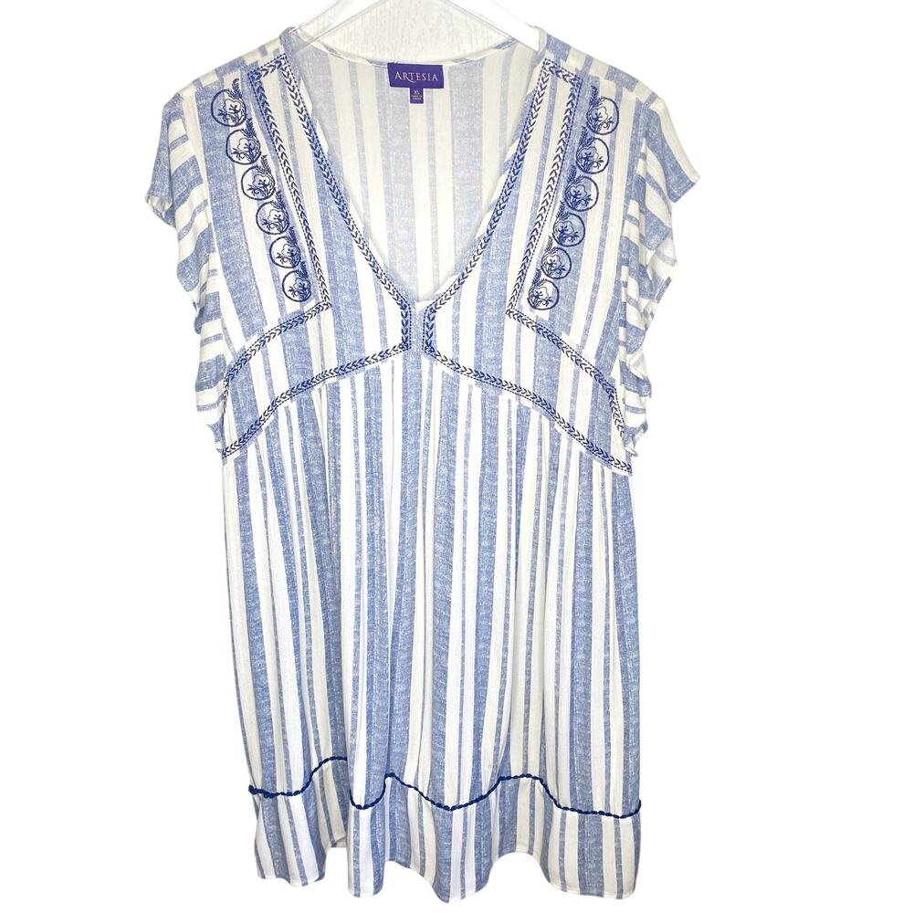 Artesia Boho Blue Stripe Embroidered Short Sleeve V-Neck Flowy Dress Size XL